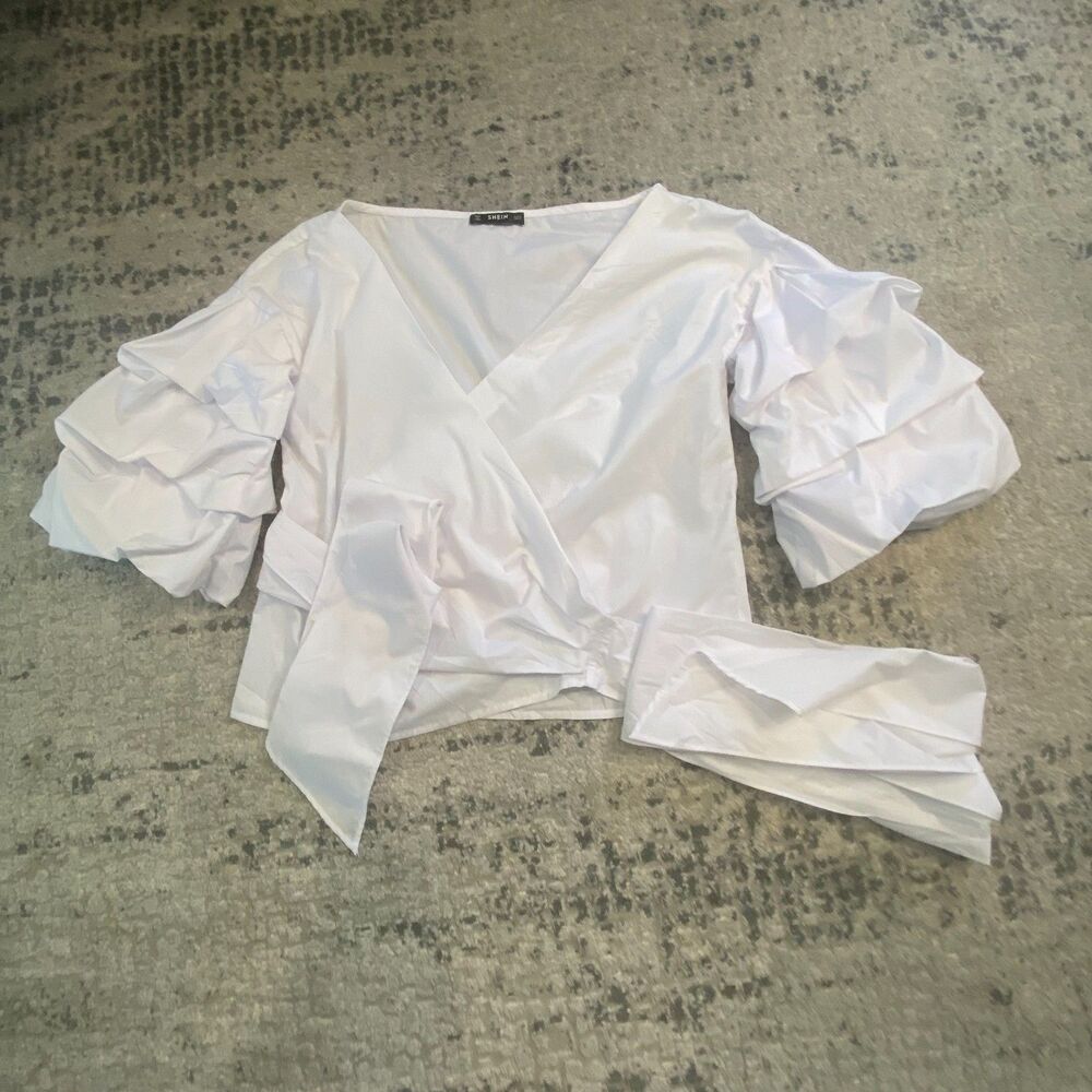 SHEIN Women S White Faux Wrap Top Ruffle Tiered Statement Sleeve V Neck Blouse M